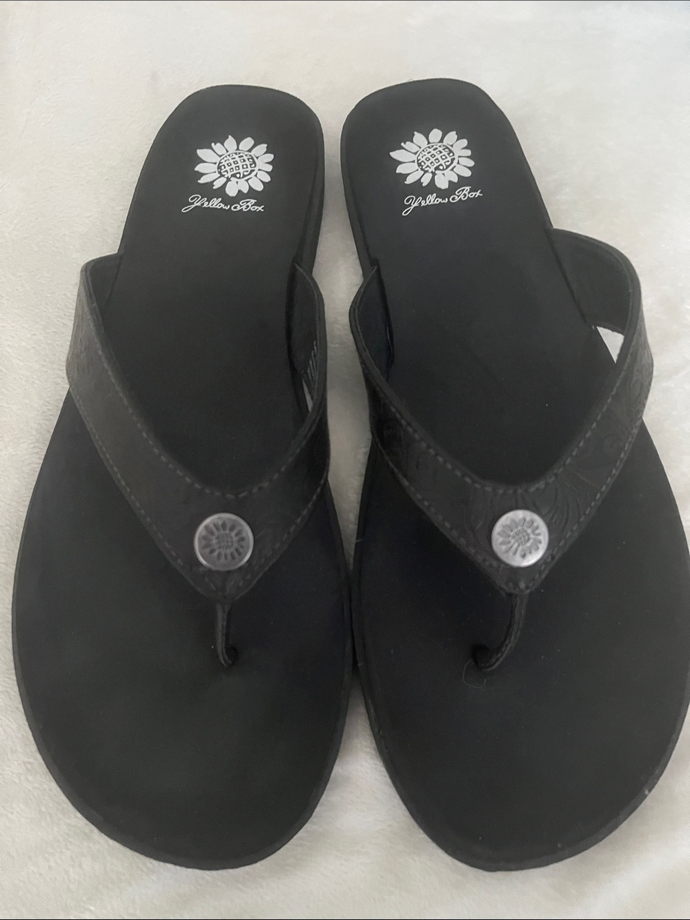 Yellow Box Black Floral Button Thong Sandals